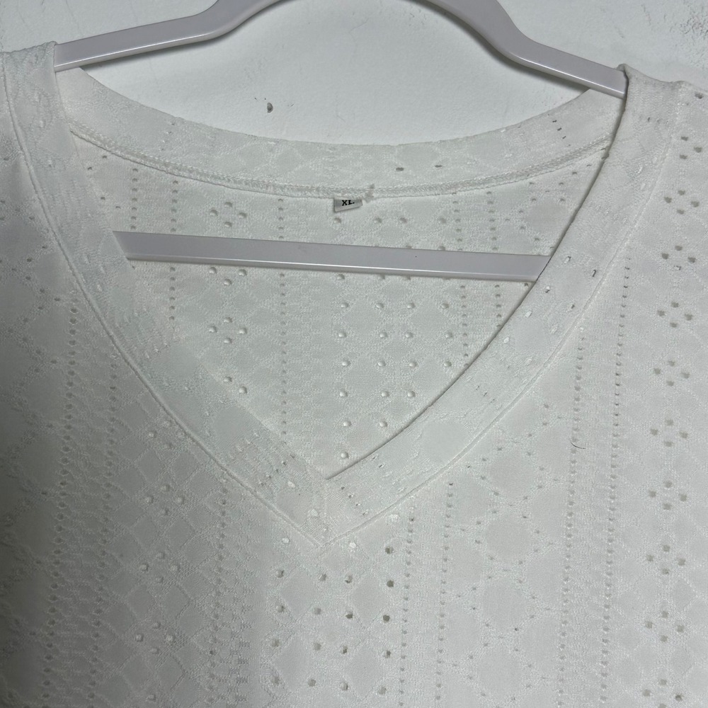 Womens White Eyelet Lace V-Neck Petal Sleeve Blouse Top XL A117 - Picture 3 of 7